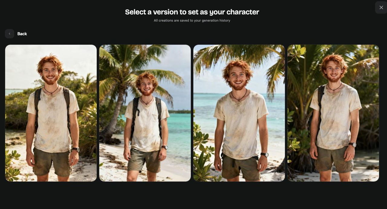 OpenArt character variants being compared and locked for All the Pretty Seahorses