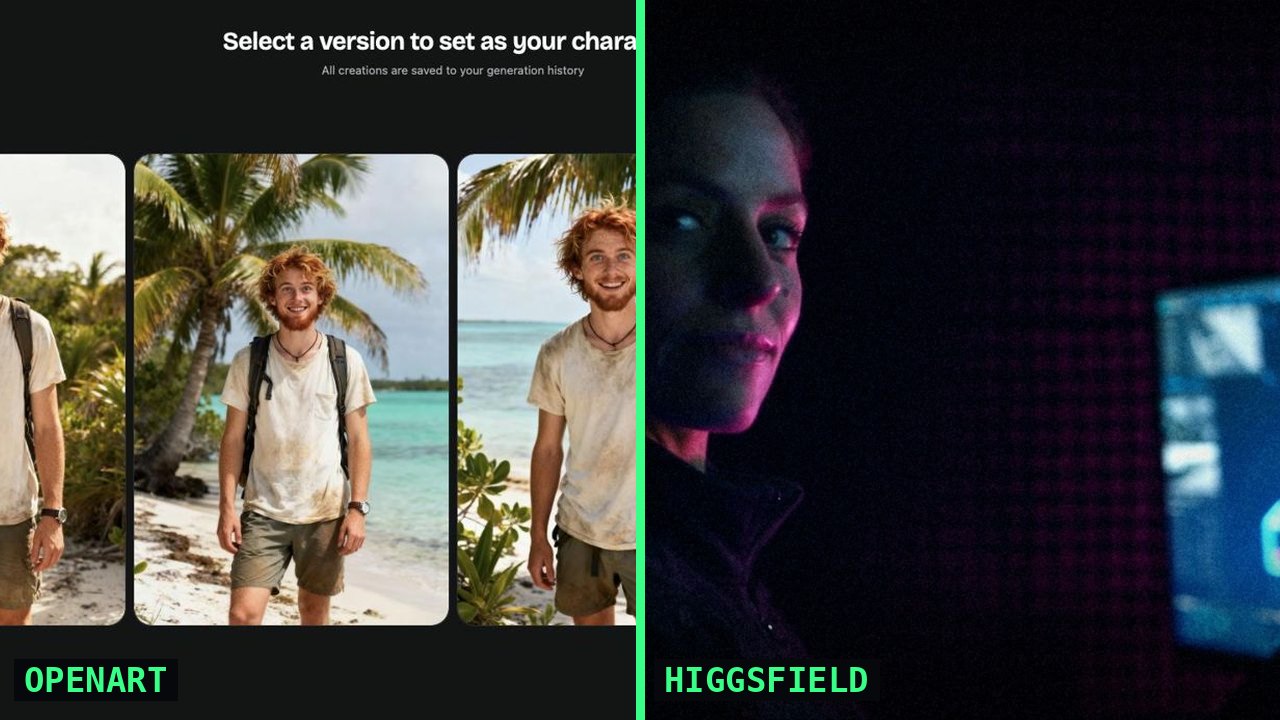 OpenArt character variants beside a FEMTECH frame made in Higgsfield